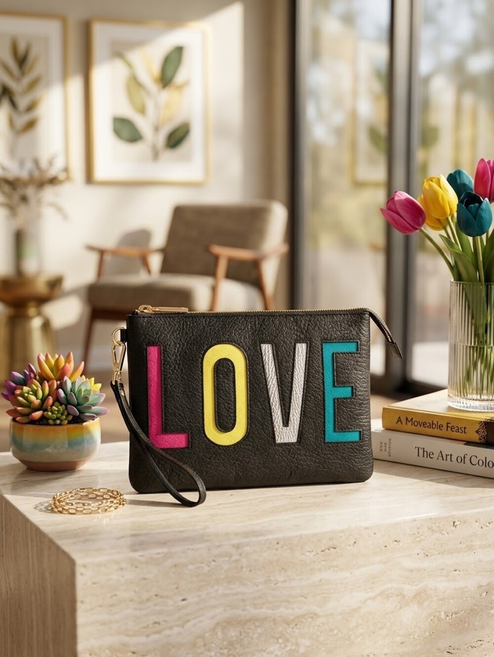 Juicy Coulture LOVE Multicolored Black Vegan Leather Large Clutch NWOT